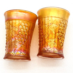 Antique Northwood Marigold Carnival Glass Grape Arbor Tumblers Set of 2 SIGNED