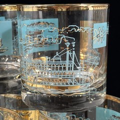 8 ~VTG MCM Libbey’s Old Fashioned Steamboat Glasses Teal Gold Southern Comfort