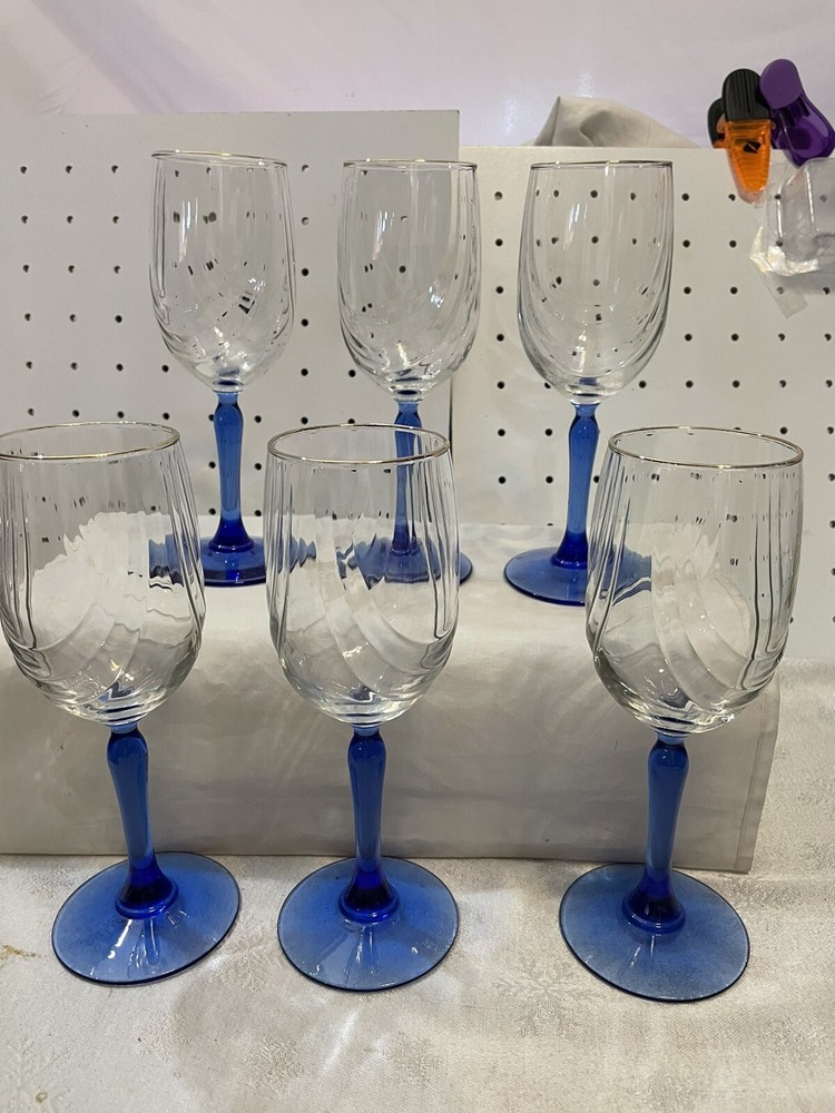 Libby Crystal Goblets Drape Bowl/ Cobalt Blue Stem Set Of 6 Vintage 40.00