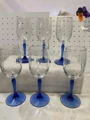 Libby Crystal Goblets Drape Bowl/ Cobalt Blue Stem Set Of 6 Vintage 40.00