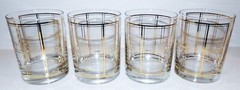 SET OF 4 GEORGES BRIARD MCM GOLD PLAID/SQUARES DOUBLE OLD-FASHIONED GLASSES