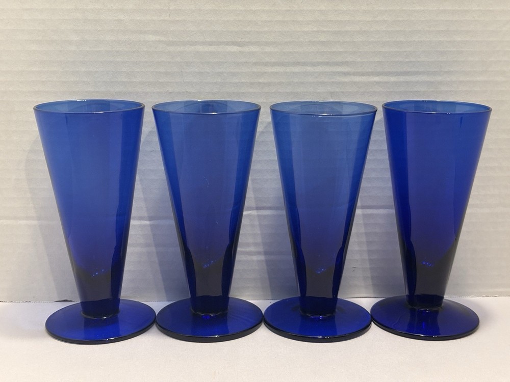 4 PC Vintage Cobalt Blue Depression Small Pilsner Cordial Glasses 5 3/8”