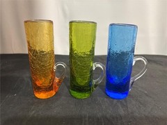 3 Pilgrim Glass Hand Blown Crackle Handled Shot Glasses Blue Green Yellow