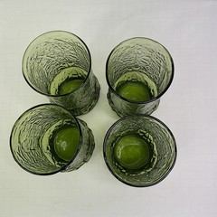 MCM 70s Anchor Hocking Rainflower 6” High Tumbler Glass Set of 4 Avocado Green