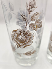 6 Vintage Libbey Rose Bouquet Pattern Gold Rim Tumblers Drinking Glasses -5 1/4″
