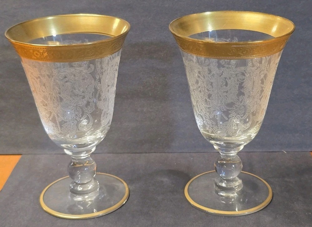 Set of 2 Tiffin Franciscan Melrose Clear Gold Encrusted Claret Wine Glasses 5″
