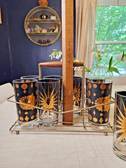 1960s Signed Fred Press Sunburst, 22k Gold Highball Glasses 5 1/2″, Set of 8