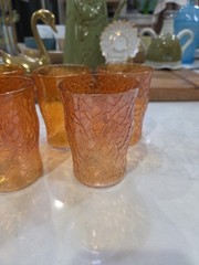 Set of 5 Vintage MCM Amber Crackle Glass Tumblers Marigold Iridescent Finish