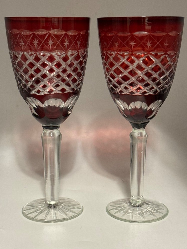 Pair of Ruby Red, and clear Bohemian wine goblets,