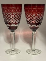 Pair of Ruby Red, and clear Bohemian wine goblets,