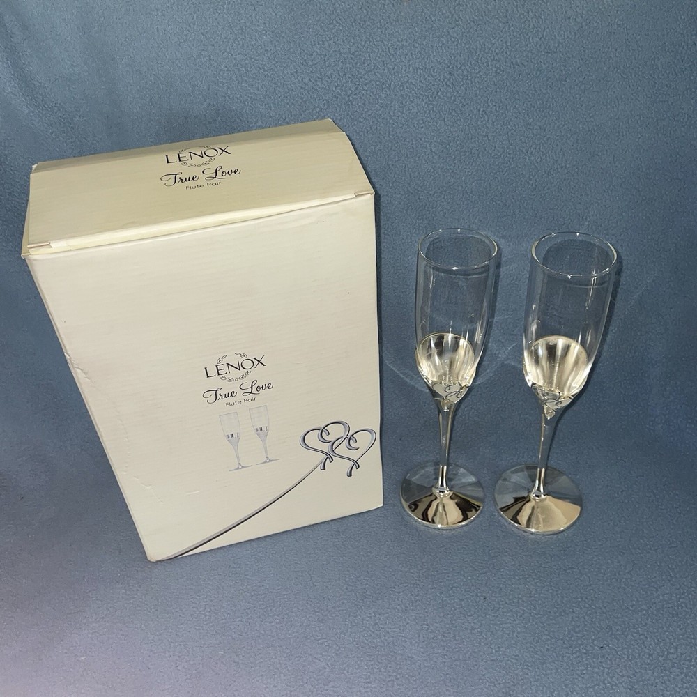Lenox True Love Champagne Flutes Set 2 Toasting Glasses Silverplated Stem 812613