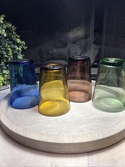 Set of 4 Hand Blown Mexican Art Drinking Glass Tumblers -Amber Blue Green Brown