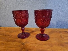 Red Wine Glasses Grape Pattern UV Glows Around Rim Under Blacklight Pressed