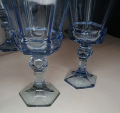 2 x Vintage Fostoria Pastel Pale Blue Wine Glasses Goblets Footed Pedestal