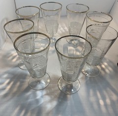 Sale 8 Vintage Gold Rim Horizontal Rib Beer, Ice Cream, Water Crystal Glasses