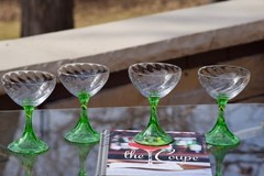 Antique Spiral Optic Cocktail Glasses with Green Stems, Fostoria, 1925