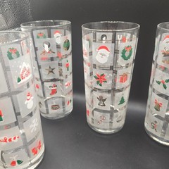 Vintage Culver Christmas Holiday Frosted Highball Glasses Set of 4 Santa Wreath