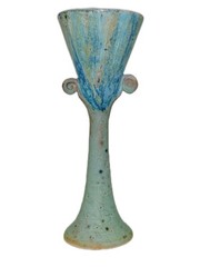 Pair of Signed Art Pottery Goblets Chalices Blue Green Studio Stem Wine Gothic