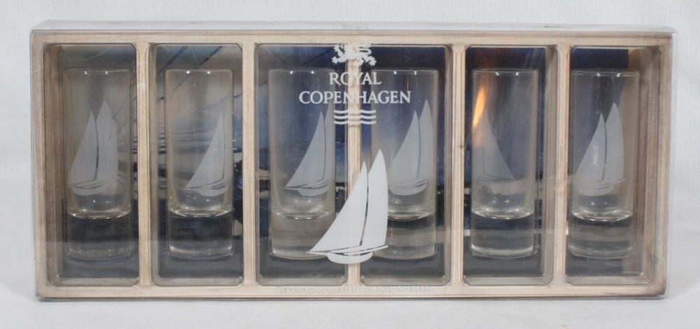 ROYAL COPENHAGEN SCHOONER SET OF 6 CORDIAL / SHOOTER GLASSES IN WOODEN CRATE EUC