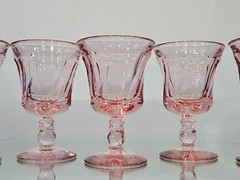set (5) Wine Goblets Glasses 4-1/4″ Crystal Fostoria Jamestown Swirl Pink