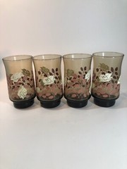 Vintage 1950s Set of 4 Libby Juice Glasses- Smoked Glass with Roses and Leaves