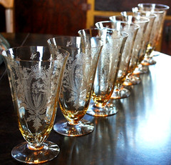 Vtg Set 8 LA FLEURE YELLOW 5 7/8″ Etched Deco ICED TEA Glasses TIFFIN FRANCISCAN