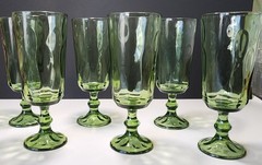 Vintage Hazel Atlas Avocado Green Thumbprint Pedestal Glasses/Goblets Set Of 6