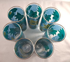 Set/7 Federal Glass 6.75″ TOM COLLINS Glasses Turquoise Floral Silver Rim