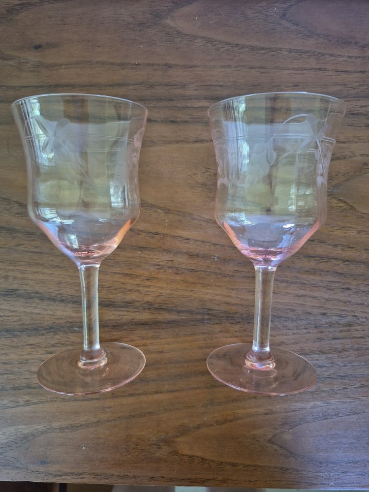 Pair 2-pink depression glass stemware vintage Goblets Etched. 6.5″