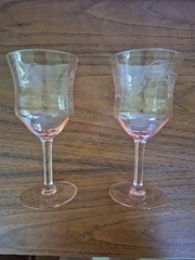 Pair 2-pink depression glass stemware vintage Goblets Etched. 6.5″