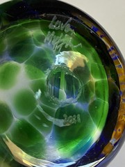 Handblown Signed Art Glass Tumbler Juice Glass Vibrant Blue Green Yellow 4.5″