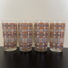 MCM Vintage Retro 70’s yellowish/beige Orange Gray Plaid drinking Glasses ~READ~