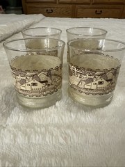 Vintage 4 Libbey Countryside Farm Animals Scene Drink Clear Glass Brown Transfer