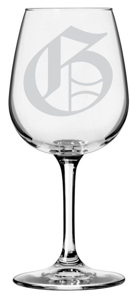 Old English Etched Monogram Stemmed 12.75oz Wine Glass (Letter G)