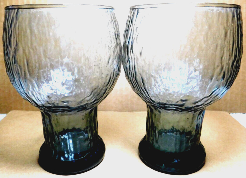 Indiana Glass~Grey Glacier Clear Entertainment 2 Vtg. Clear Black Water Goblets