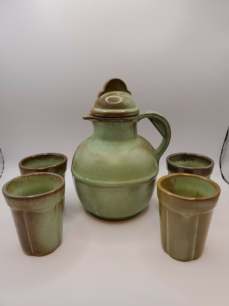 Vintage Frankoma Plainsman Green Guernsey Jug Pitcher Lid Juice Tumblers Set