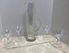 Vtg Pearl Luster rainbow Iridescent Cocktail Pitcher 13” &4 Glasses & Stirrer