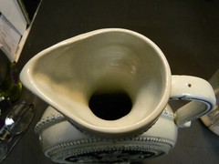 Vintage Simon Peter Gerz Blue On Gray Stoneware Pitcher Ewer w/ Knights Crest Ex
