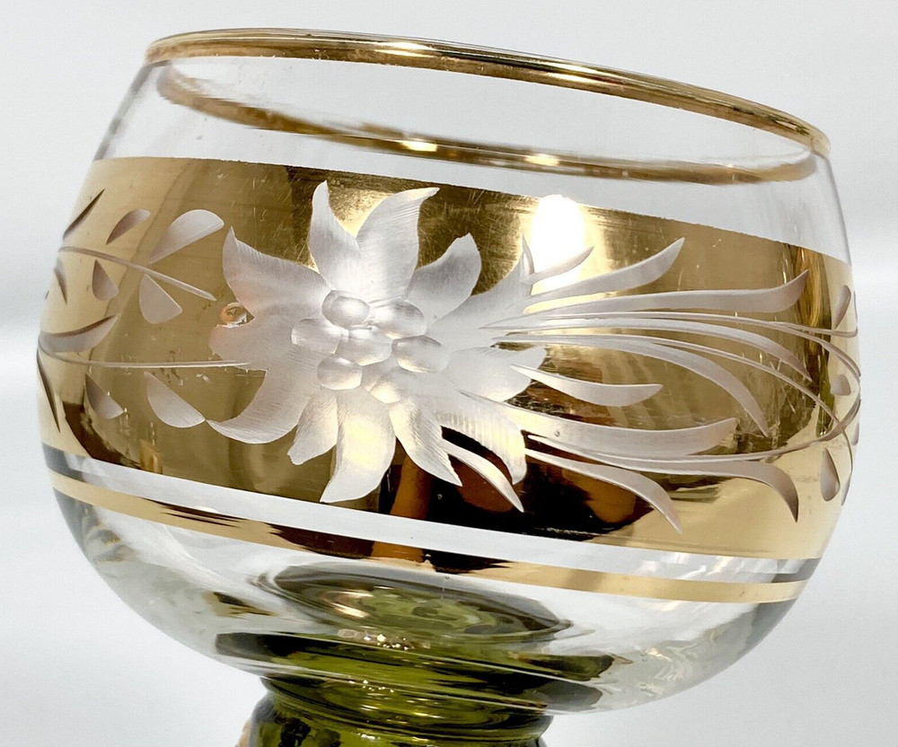 2 Vtg Roemer Hock Wine Glasses Etch Floral Green Gold Prunts Hollow Stem 5 1/2″