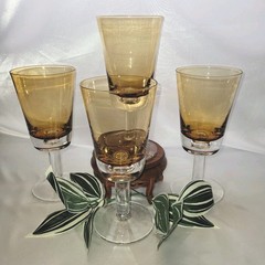 Vtg Winterthur Jewel Tone Amber Handblown Goblets(4) W/Bubble+Clear Stem 12 Oz
