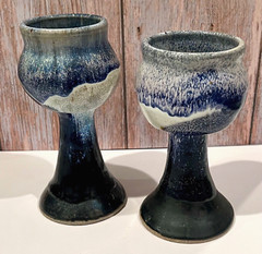 Speckled Blue Gray Glaze Wine Chalice Goblets Signed Set of 2 Studio Art Pottery