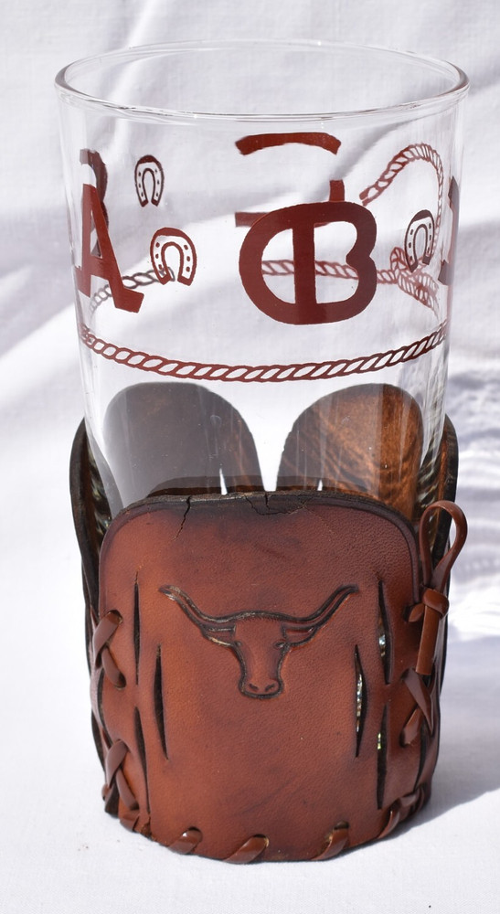 Libbey – BAMCO – MCM – WESTERN BRANDING DECALS – GLASS w/LEATHER HOLDER