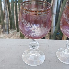 Six 6 Purple Cranberry Engraved Floral Cut to Clear Wine Glasses Goblets Vintage