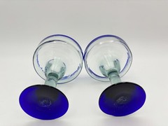 2 Mexican Hand Blown Margarita Glasses Blue Rim Cobalt Cocktail Glassware Bar