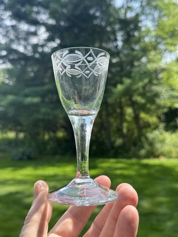 Antique 18th Century Engraved Blown Flint Glass Wine Or Ale Glass 1780