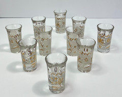 Shot Glasses Mid‑Century Gold Dove Set of 10, 1 1/2″ Rim, Vintage MCM Barware