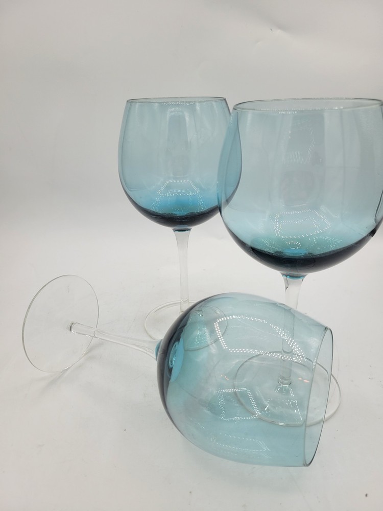 3 Blown Glass Teal Ombre Balloon Red Wine Hock Glasses