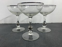 Vintage Crystal Footed Champagne Glasses With Silver Rim And Silver Ball Accent