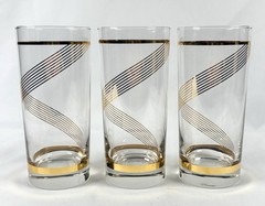 💥Vintage Set of 3 Culver Highball Glasses 22K Gold Swirl Stripe 16 Oz MCM.