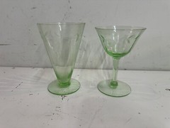 Vintage Pair of Green Uranium Glass Juice Tumbler and Stemmed Glass